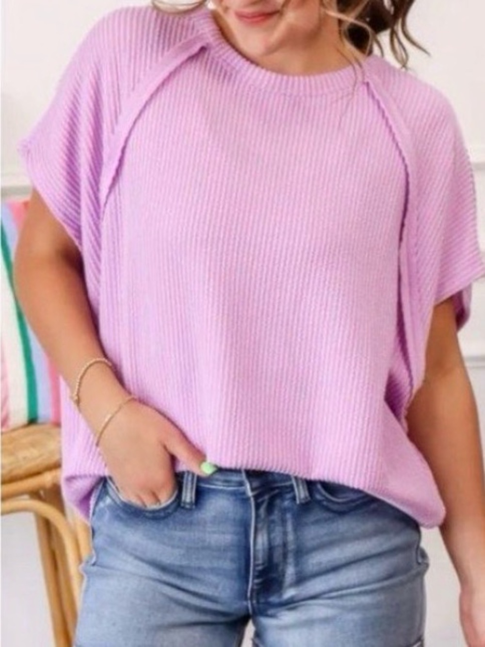 ANDREE BY UNIT 1X Lilac Ribbed Short Sleeve Knit Top New!